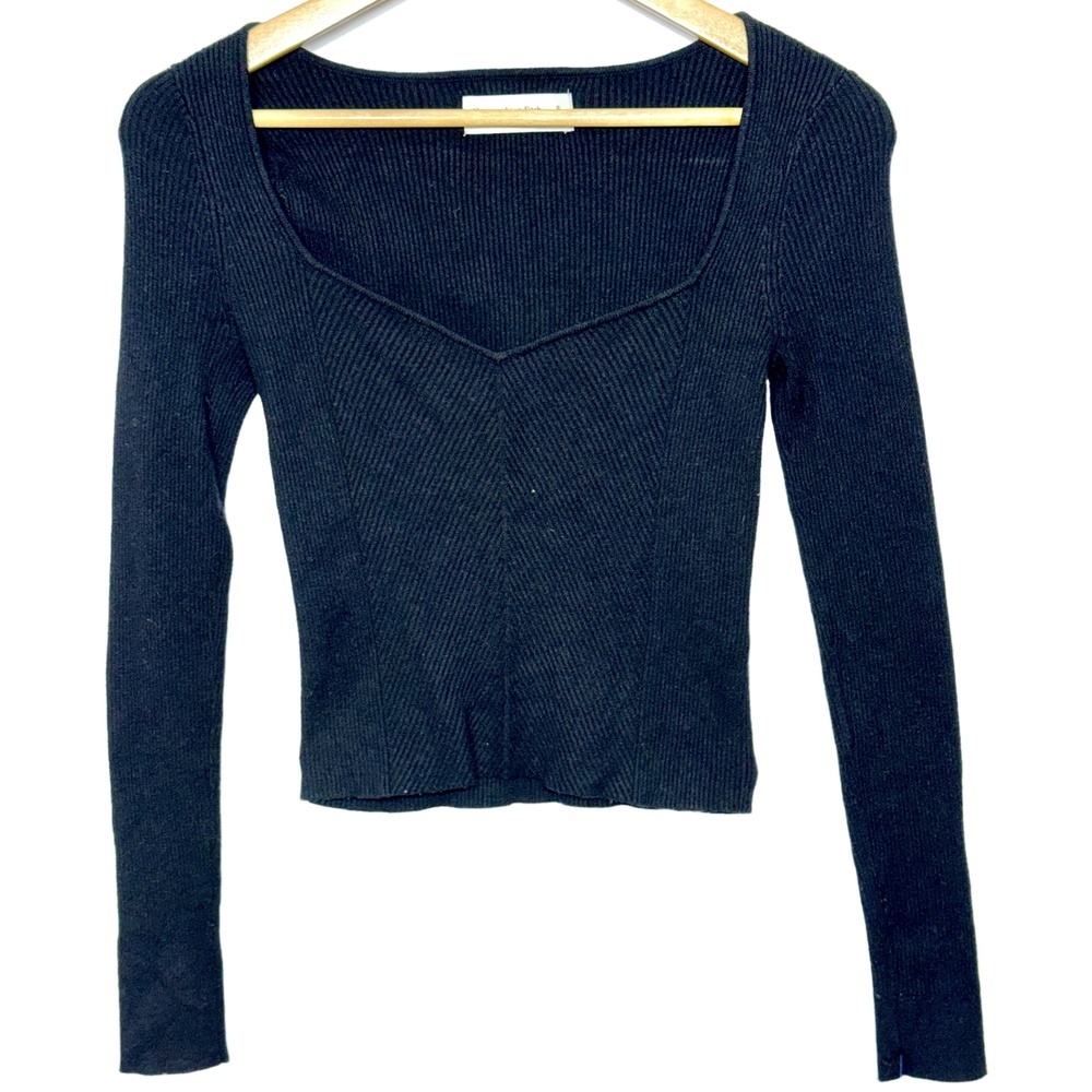 Abercrombie & Fitch Soft AF Black Ribbed Knit Square Neck V-Neck Sweater Size S